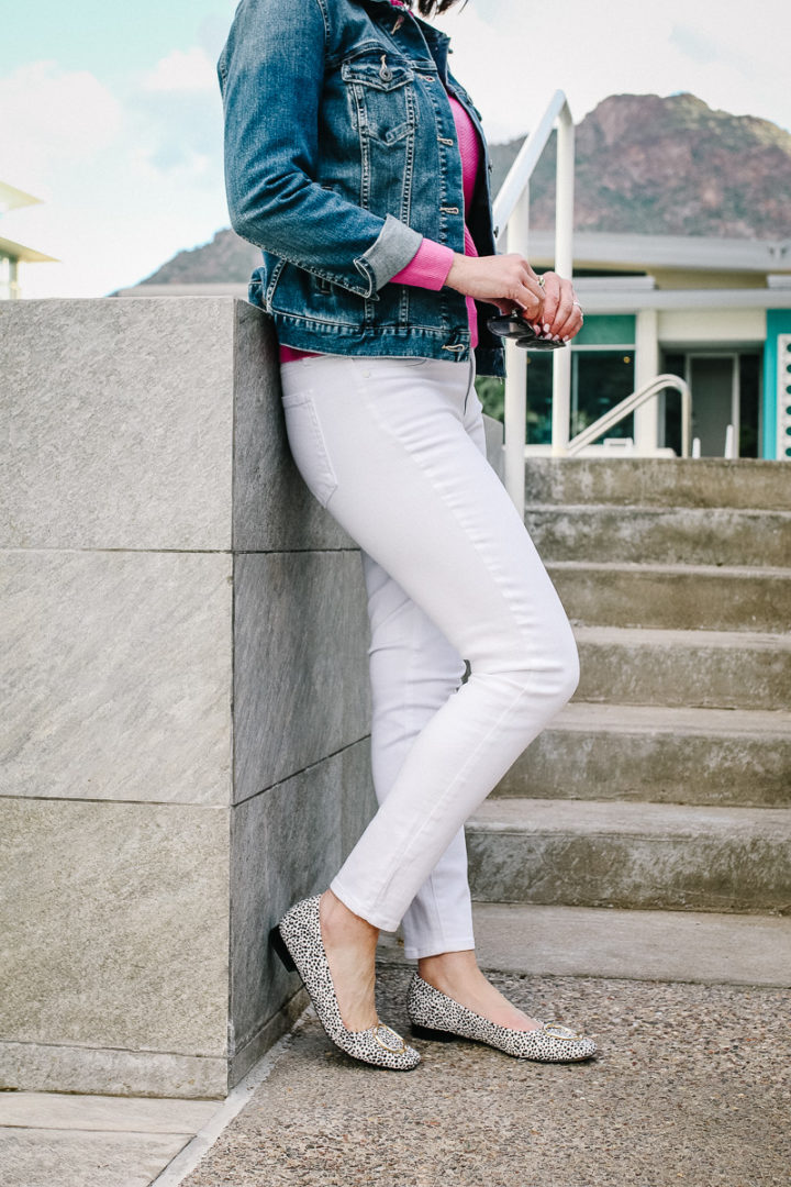 Spring Outfit featuring J.Crew Ruffle-neck pullover sweater with Vince Camuto Jean Jacket, PAIGE Verdugo Ankle Skinny Jeans, and Something Navy Lily Flats