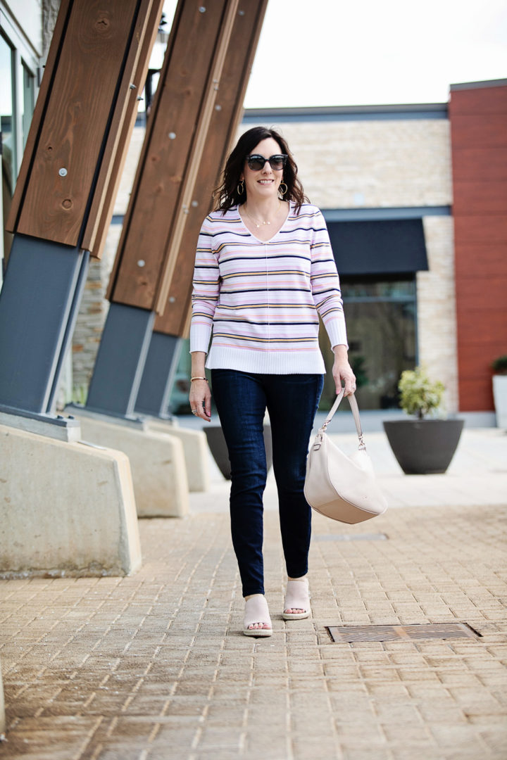 Striped Sweater Outfit for Spring: Caslon Side Slit Sweater with Good American Good Legs High Waist Skinny Jeans and Stuart Weitzman Marabella Wedge Mules