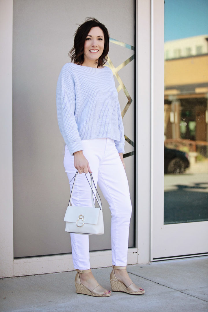 Jo-Lynne Shane wearing French Connection Textured Cotton Sweater in Crystal with white Joe's Jeans Classic Buttoned Jeans and gold leather Vince Camuto Leera Leather Espadrille Ankle-Strap Sandals from @lordandtaylor #ad 