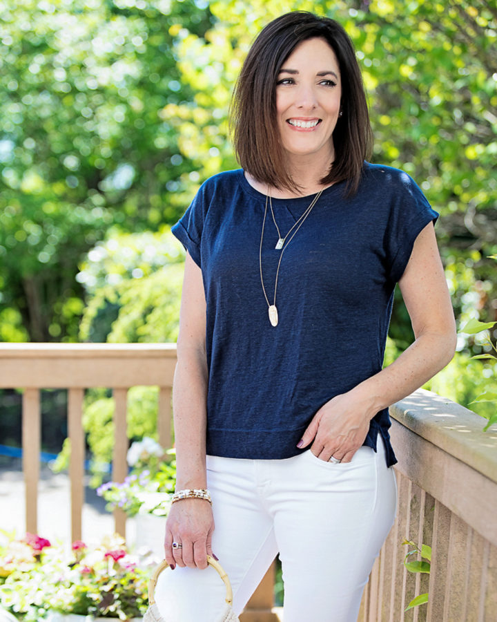 J.Crew Linen roll-cuff T-shirt in Navy with Stella & Dot Kaydree Layering Necklace