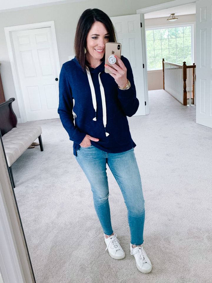 Caslon Hoodie Pullover with Mother Looker ankle skinny jeans and Veja Esplar sneakers