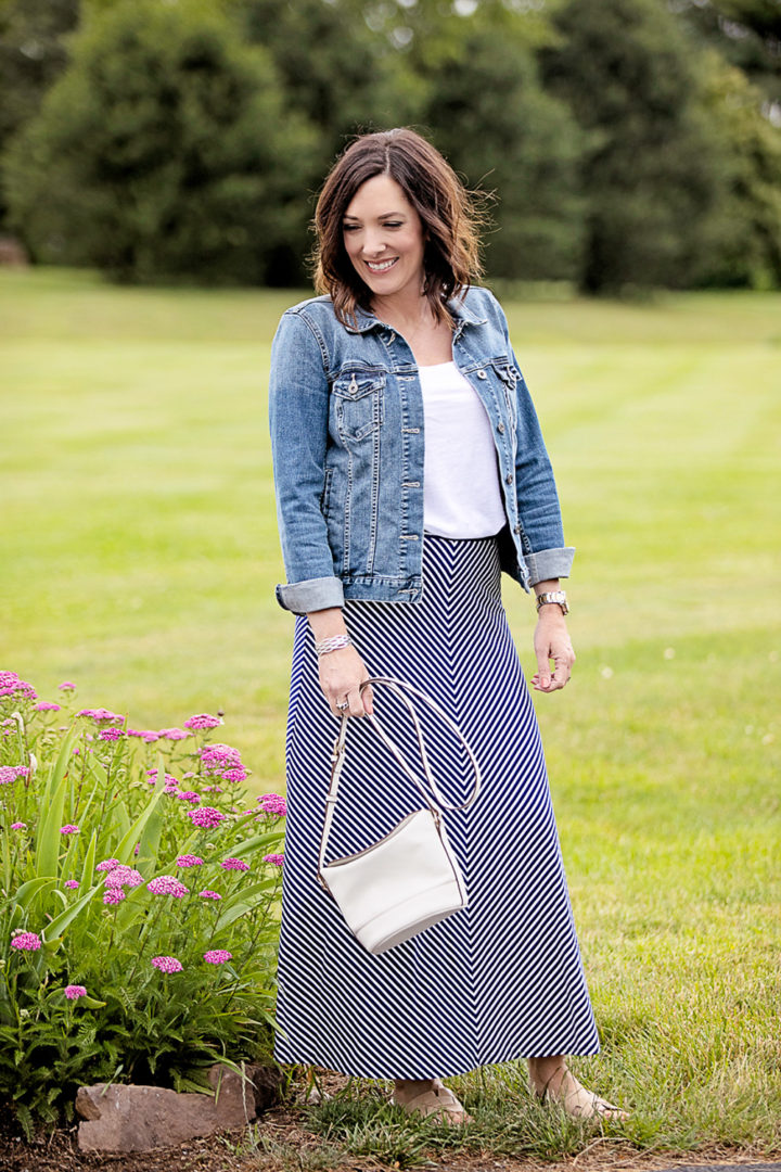 Summer Maxi Skirt Outfit: LOFT Chevron Maxi Skirt with Vince Camuto denim jacket and Nine West Gianna Slides