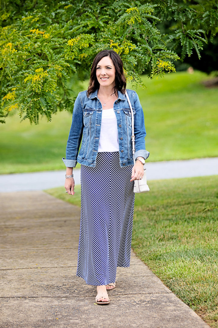 Summer Maxi Skirt Outfit: LOFT Chevron Maxi Skirt with Vince Camuto denim jacket and Nine West Gianna Slides