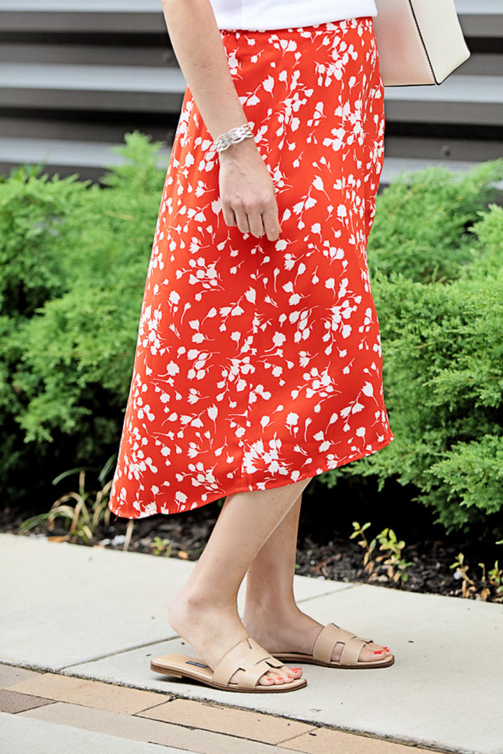 J.Crew Faux-Wrap Midi-Skirt with Nine West Gianna Cut-Out Slides