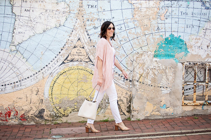 Dressy Summer Kimono Outfit for Work or Church featuring LOFT Fern Kimono, Madewell 9" Mid-Rise Skinny Jeans in Pure White, and Marc Fisher LTD Orla Sandals in Blush Leather