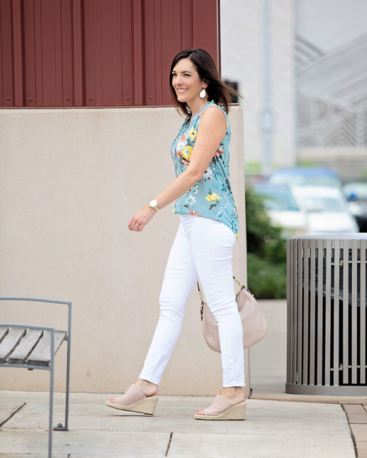 Summer Date Night Outfit: LOFT Floral Mixed Media Tie Neck Shell with PAIGE Verdugo Ankle Skinny Jeans and Stuart Weitzman Marabella Wedge Mules