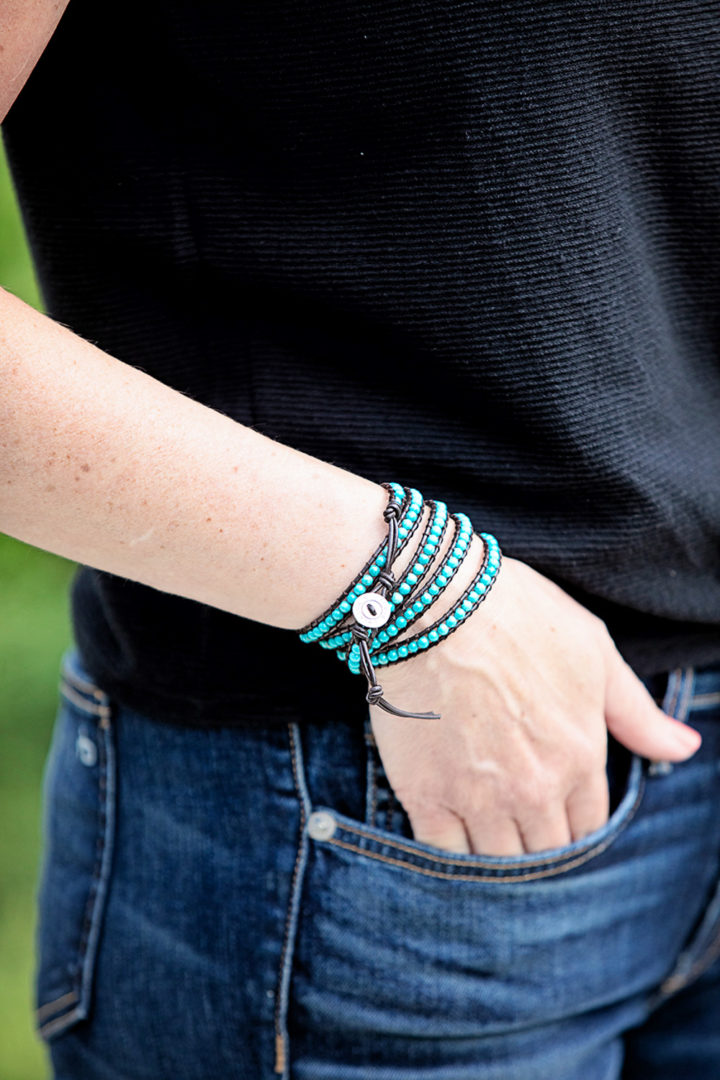 Victoria Emerson Summer Sale: 5-Wrap bracelet with 4MM turquoise beads on brown leather 