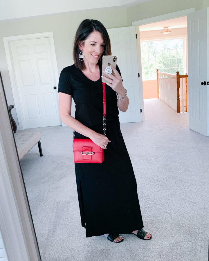Caslon Drawstring Jersey Maxi Dress with Tory Burch Ines Slides and Michael Kors Cate Small Calf Leather Shoulder Bag 