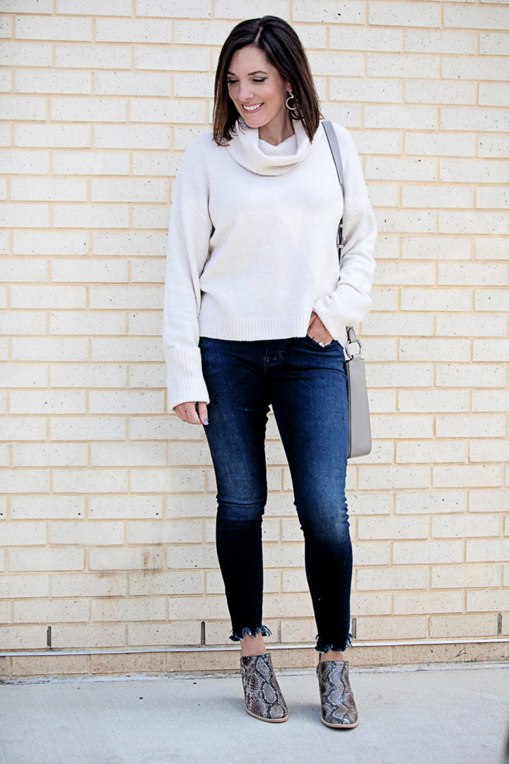 Snake Print booties with bluejeans and ivory sweater