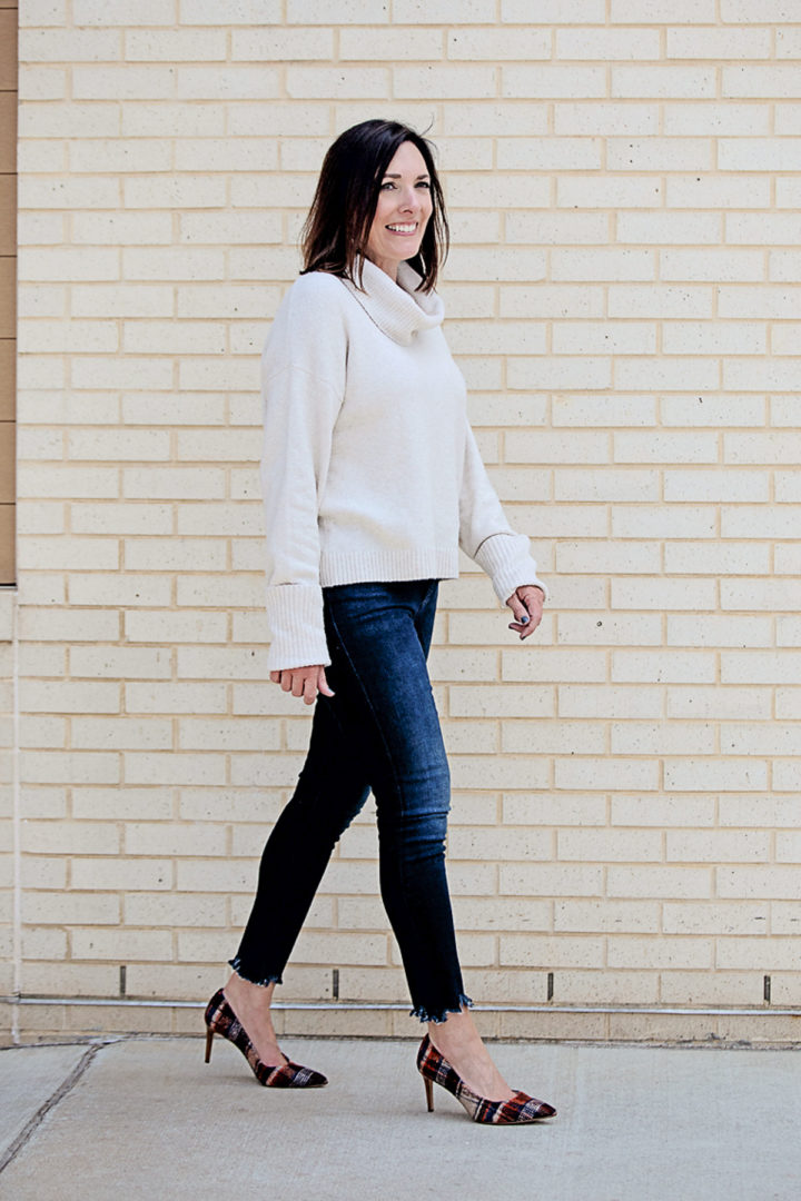 Fall Outfit Inspo: Jo-Lynne Shane wearing Chelsea28 Cowl Neck Sweater with Frame Le Skinny Chew Hem Ankle Jeans and Louise et Cie Hanabeth Pumps in Academic Plaid