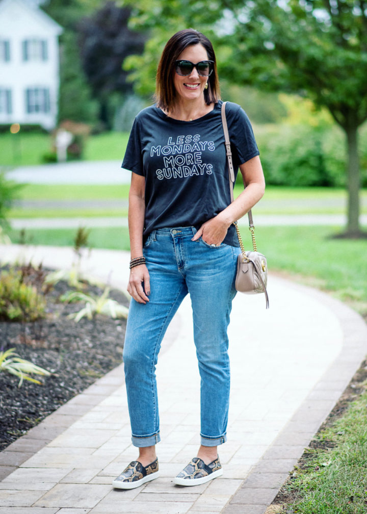 How to Wear Statement Shoes: Snake Print sneakers with blue jeans and graphic tee