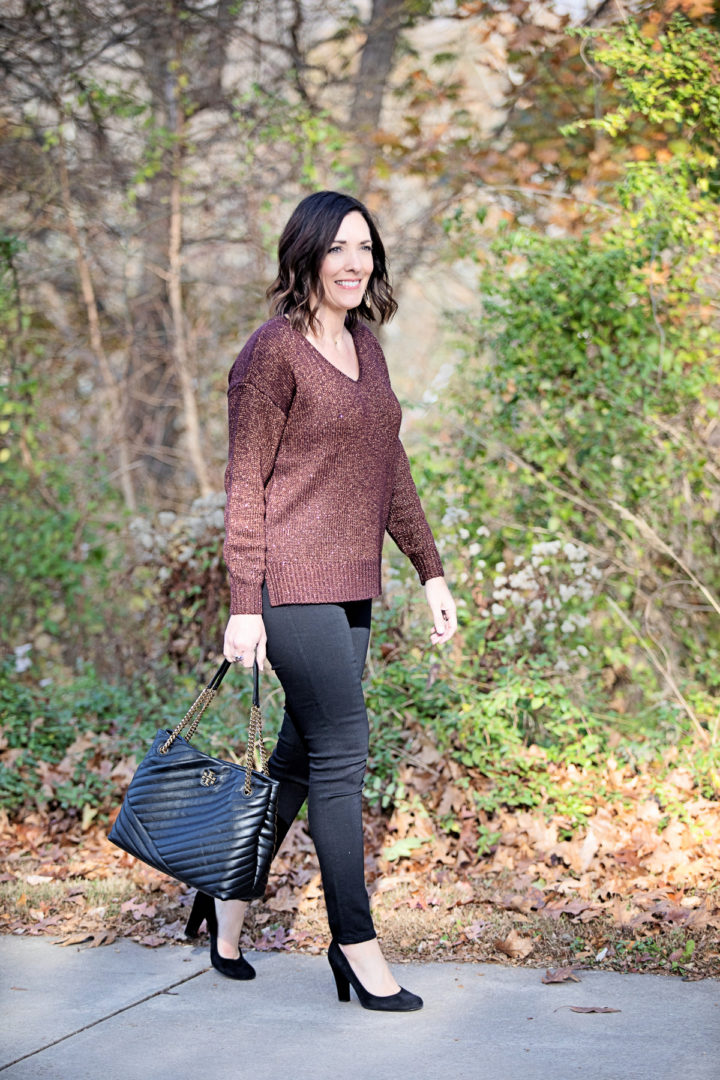 Casual Holiday Style: Shimmer Sweater with Black Jeans and Pumps