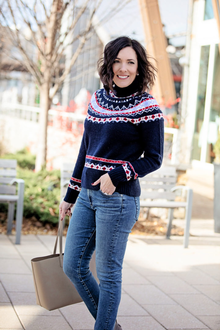 Jo-Lynne Shane wearing a fair isle sweater outfit with J.Crew Rollneck Sweater in Fair Isle