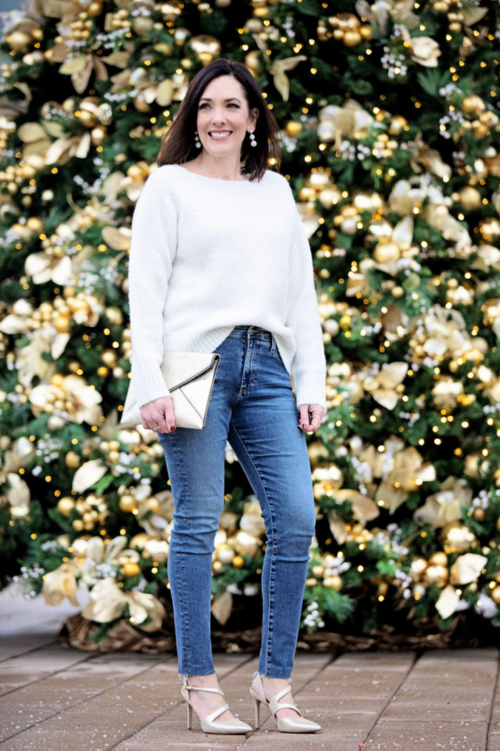 New Year's Eve Outfit Inspiration with AG Farrah skinny jeans, Chelsea28 Rib Metallic Sweater, and Sam Edelman Hollyn pumps