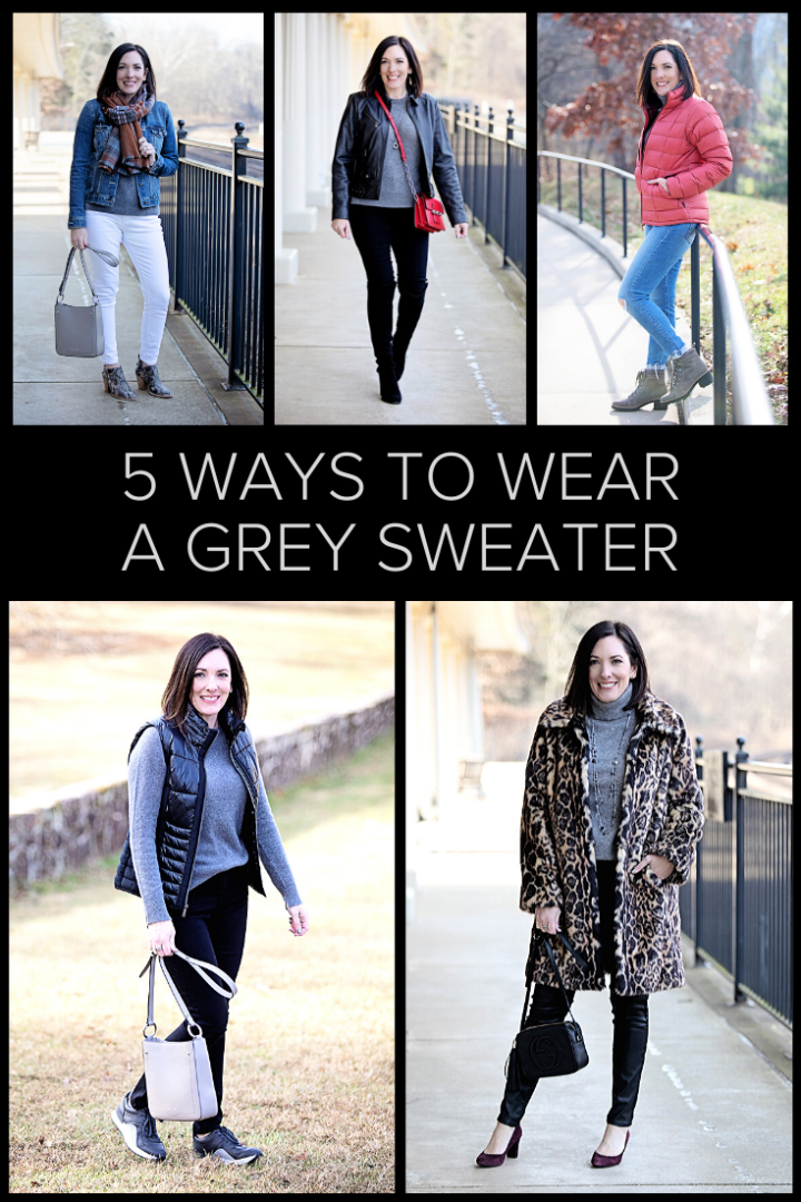 Jo-Lynne Shane shares 5 ways to wear a classic grey sweater for women over 40, with other wardrobe basics for a variety of fall/winter outfits you can recreate from your own closet!
