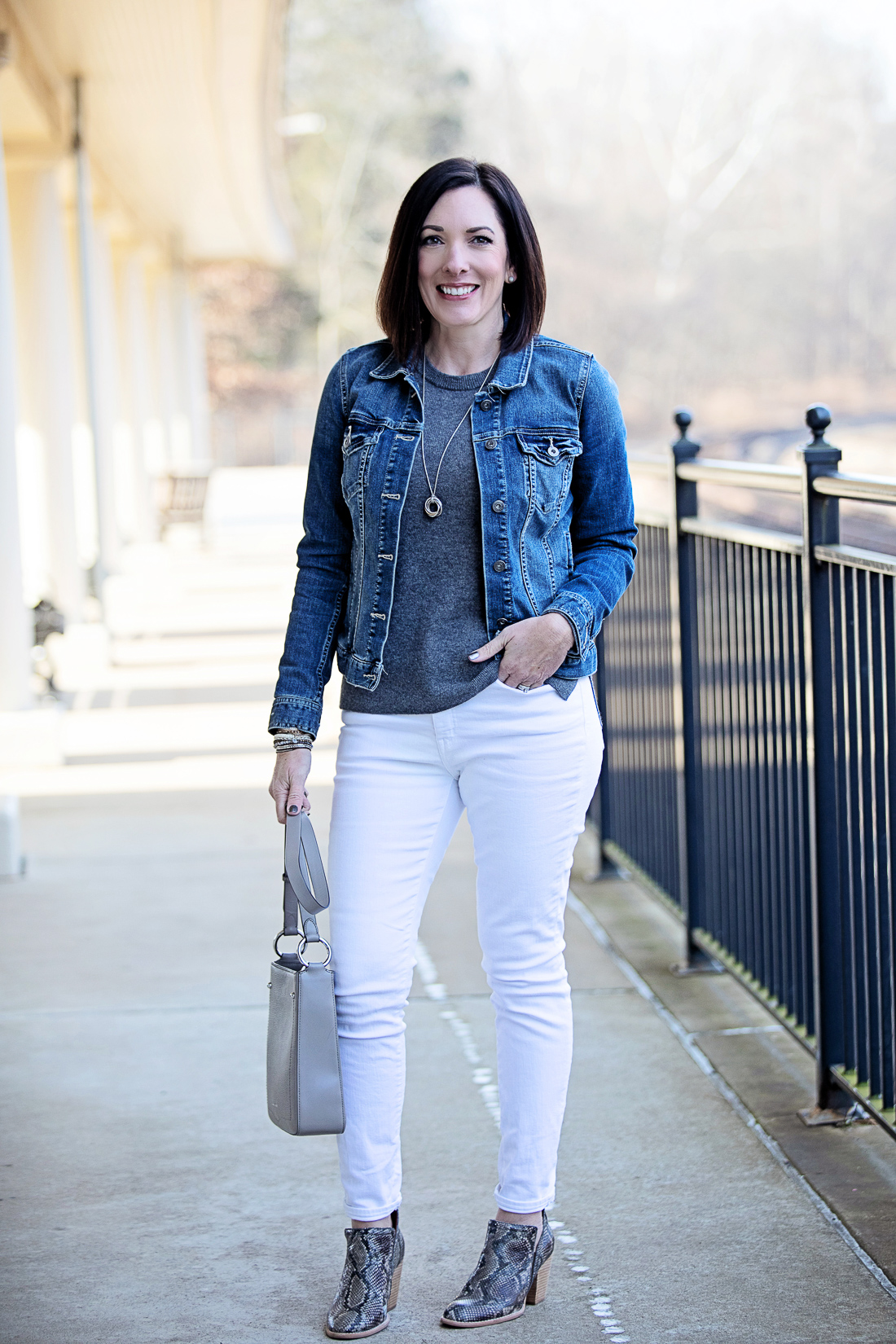 How to Style a Grey Sweater with White Jeans Outfit for Winter
