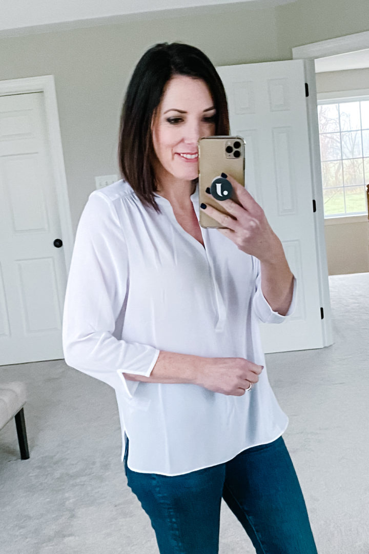 Searching for a classic white blouse? Me too! Click through for my thoughts on the Curves 360 by NYDJ Perfect Blouse and more pictures and styling tips.