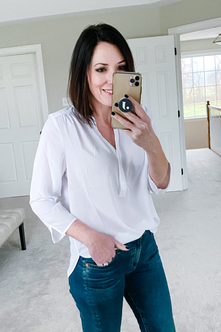 Searching for a classic white blouse? Me too! Click through for my thoughts on the Curves 360 by NYDJ Perfect Blouse and more pictures and styling tips.