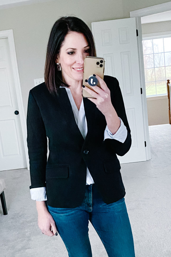 Read my thoughts on the Gibson Notch Collar Cotton Blend Blazer, get sizing advice, and styling tips!