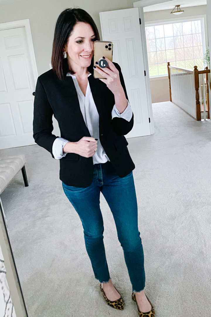 Read my thoughts on the Gibson Notch Collar Cotton Blend Blazer, get sizing advice, and styling tips!