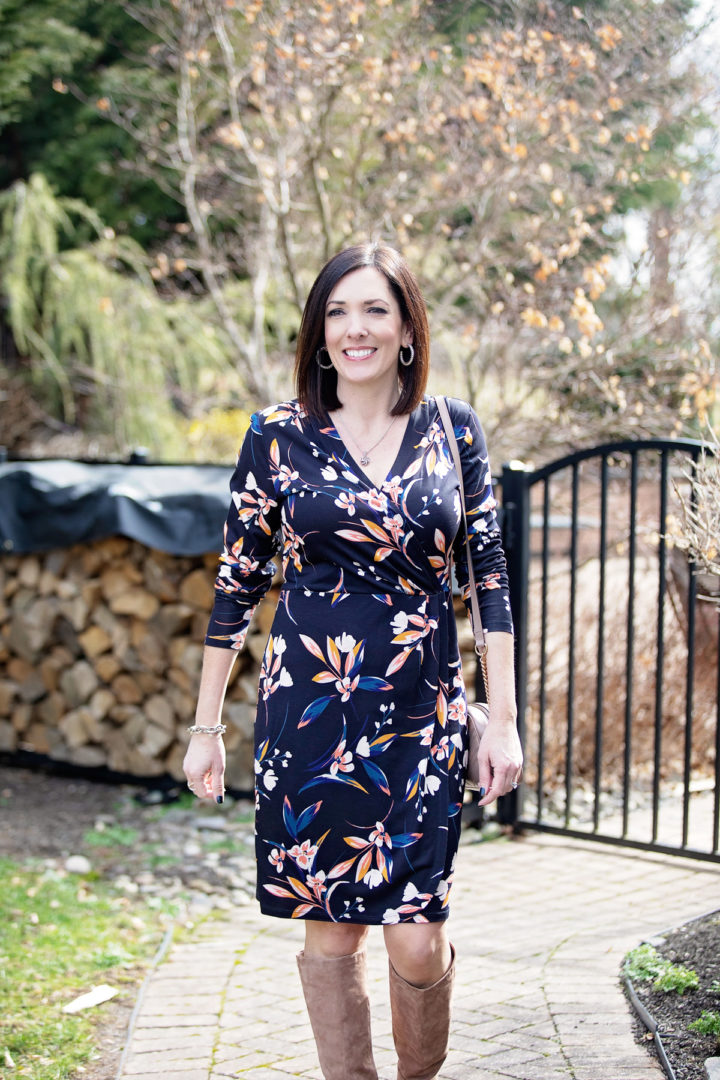 I'm styling this long sleeve faux wrap dress and sharing how to choose a floral print that isn't frumpy.