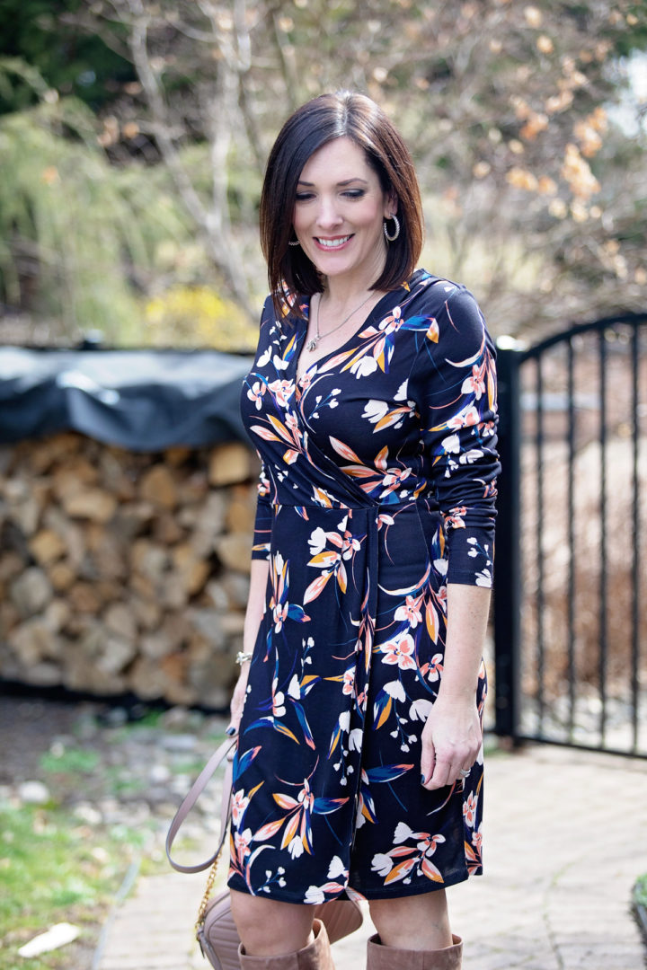 I'm styling this French Connection long sleeve faux wrap dress and sharing how to choose a floral print that isn't frumpy for women over 40.