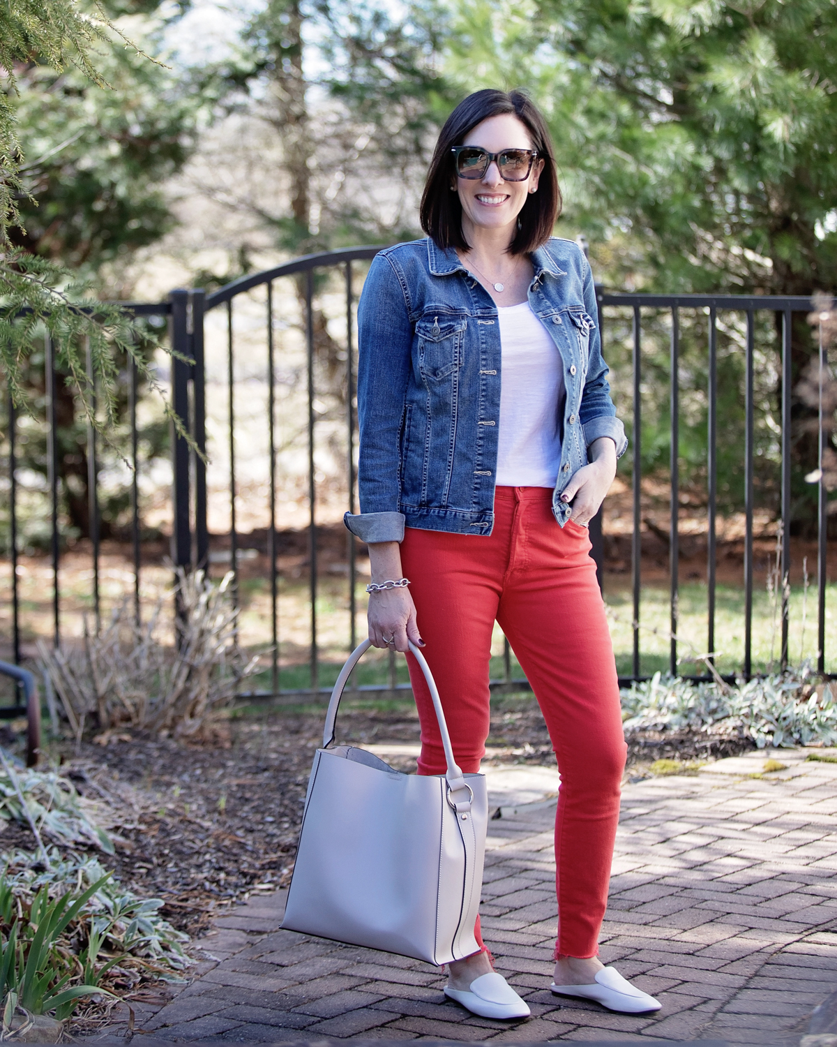 red denim outfit