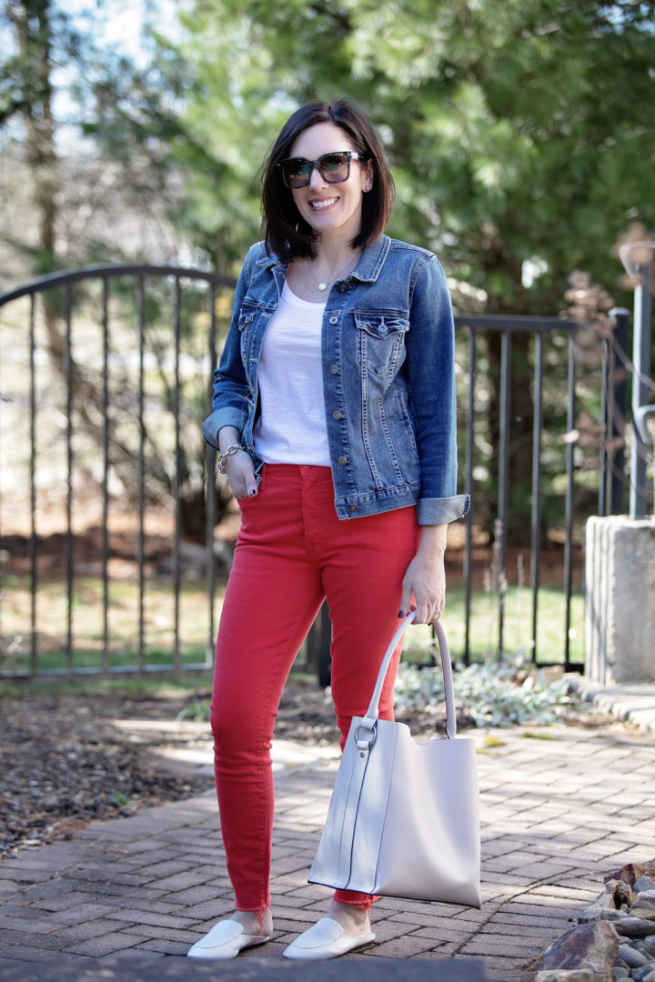 denim and red outfit