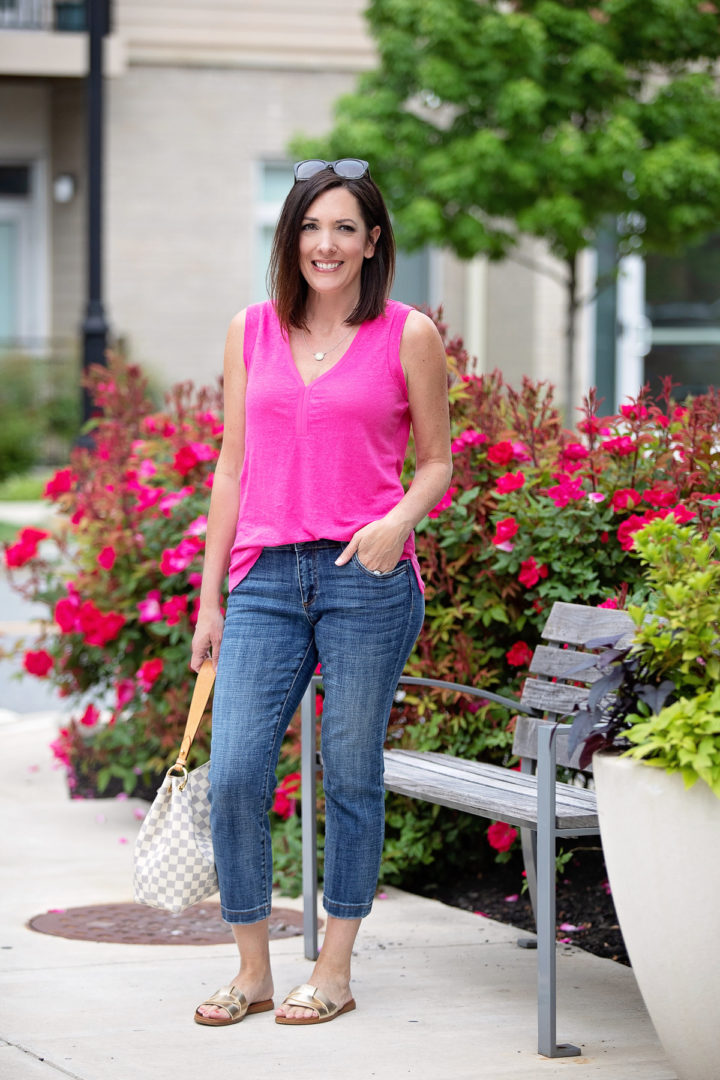 Hot Pink Linen Tank with Crop Straight Jeans