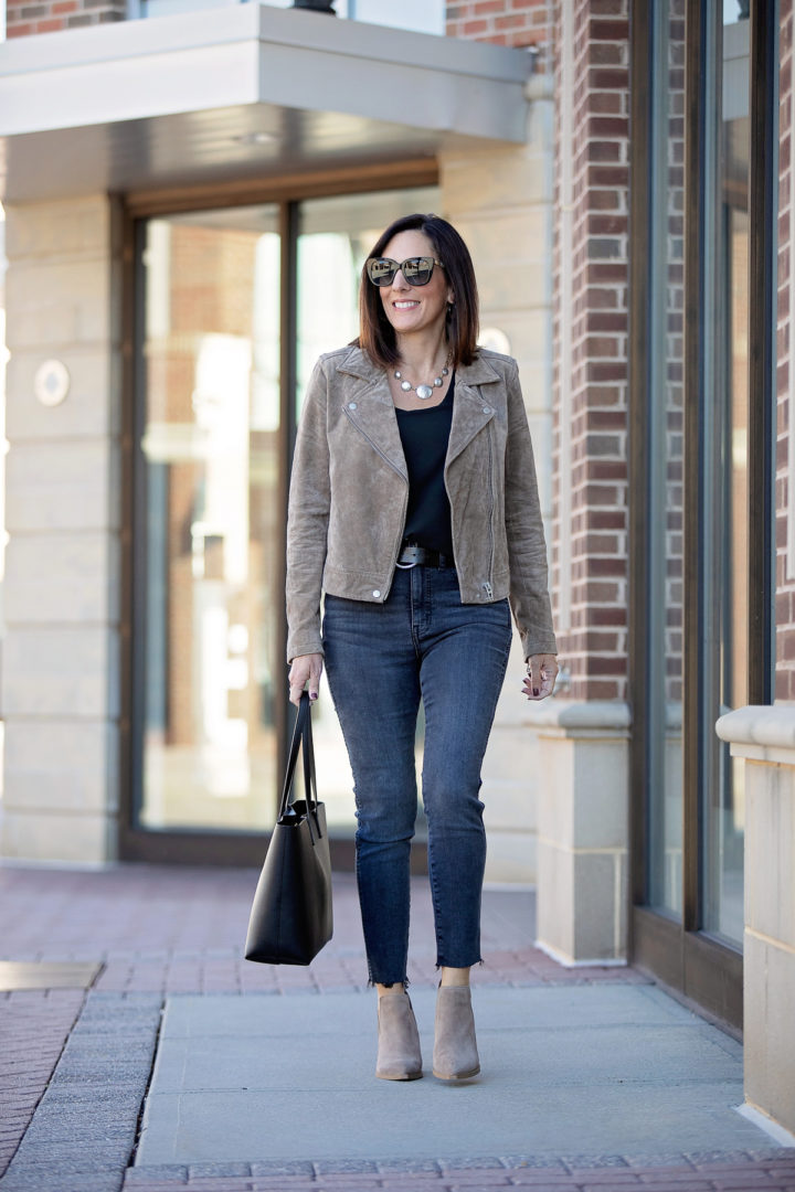 taupe suede moto jacket outfit for fall