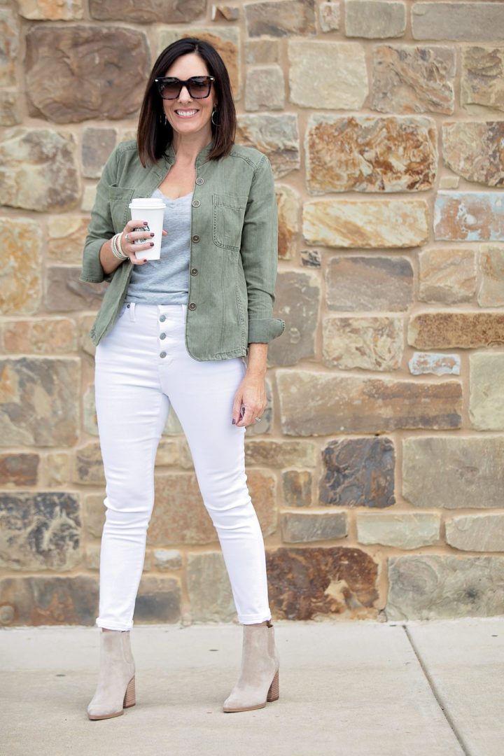 Try This: Utility Jacket + White Jeans with Grey Tee and Ankle Boots
