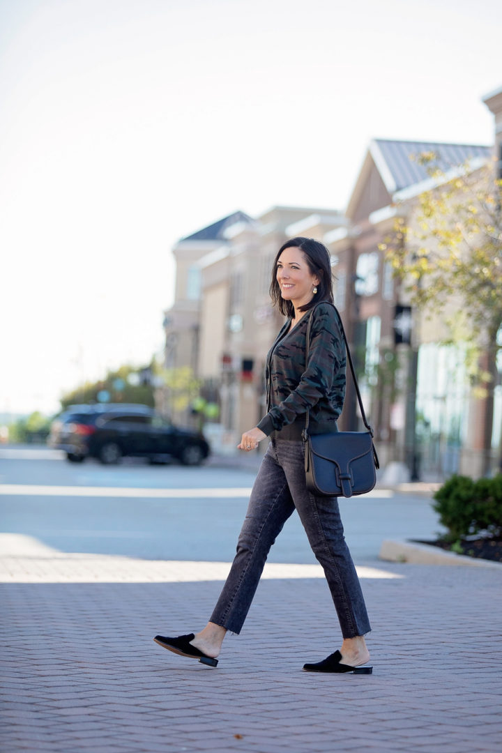 cropped cardigan outfit for fall with washed black straight crop jeans and black suede mules