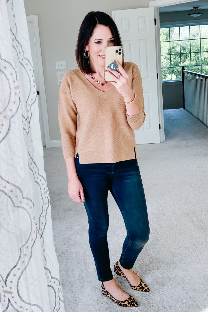 casual fall outfit ideas with a camel sweater