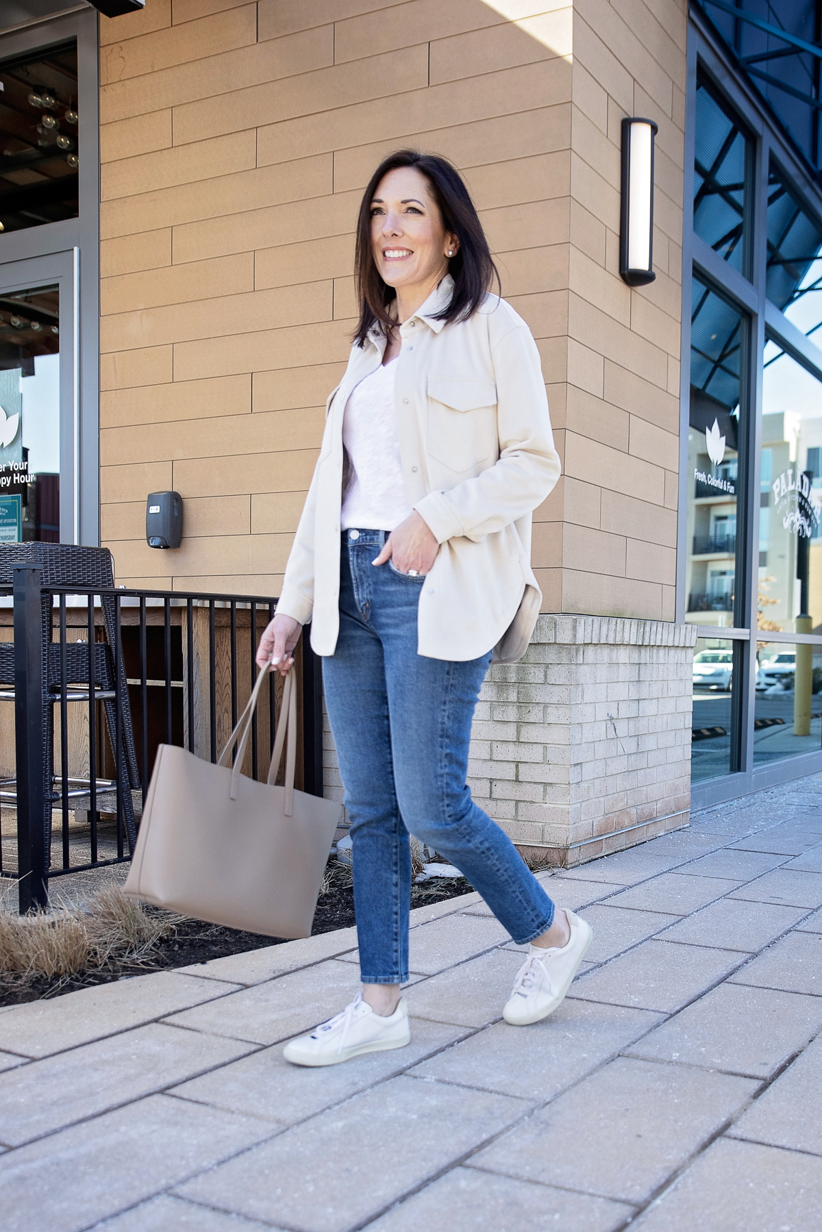 Beige Shacket Outfit with Veja Sneakers