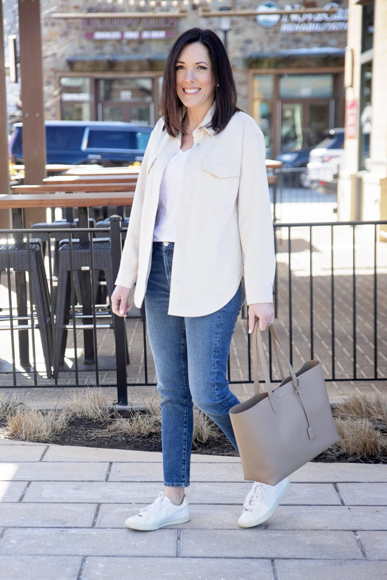 Beige Shacket Outfit with Veja Sneakers