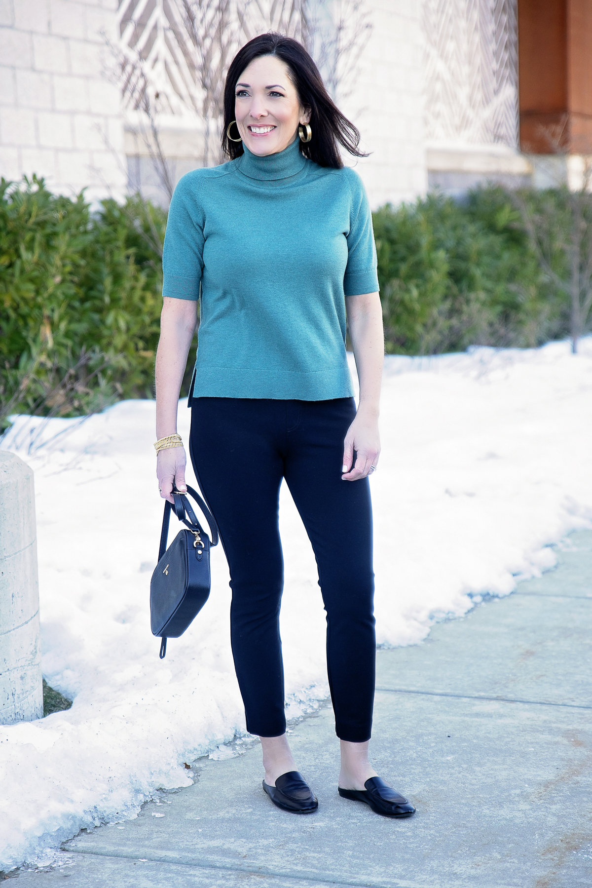 Spring Work Wear Look with a Teal Turtleneck Tee