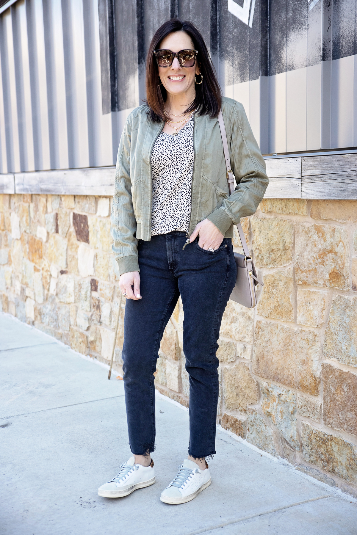 Olive Green Bomber Jacket Outfit with Black Jeans for Spring