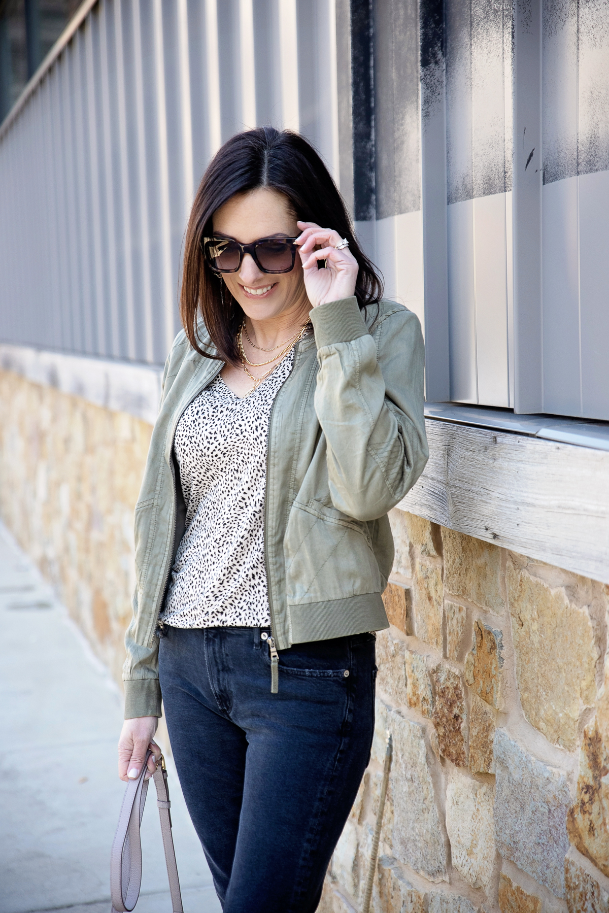 green bomber jacket outfit with leopard tee