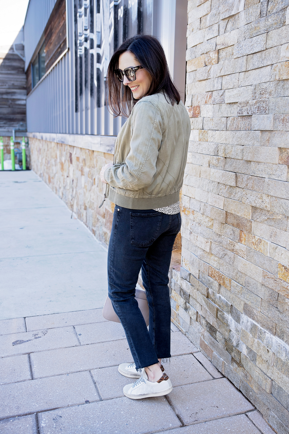 Olive Green Bomber Jacket Outfit with Black Jeans