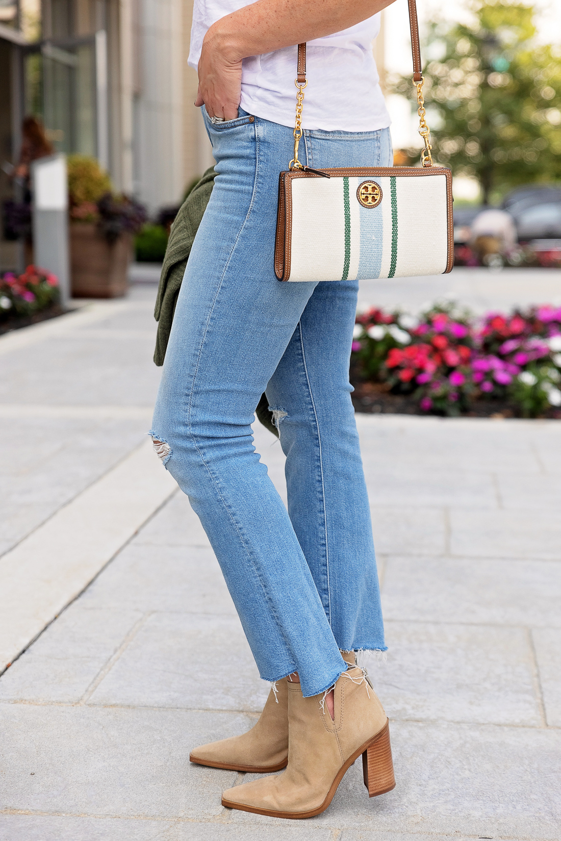 Mother Insider Crop Flare Jeans with Vince Camuto Welland Booties and Tory Burch Carson Striped Crossbody Bag from Nordstrom Anniversary Sale 2021