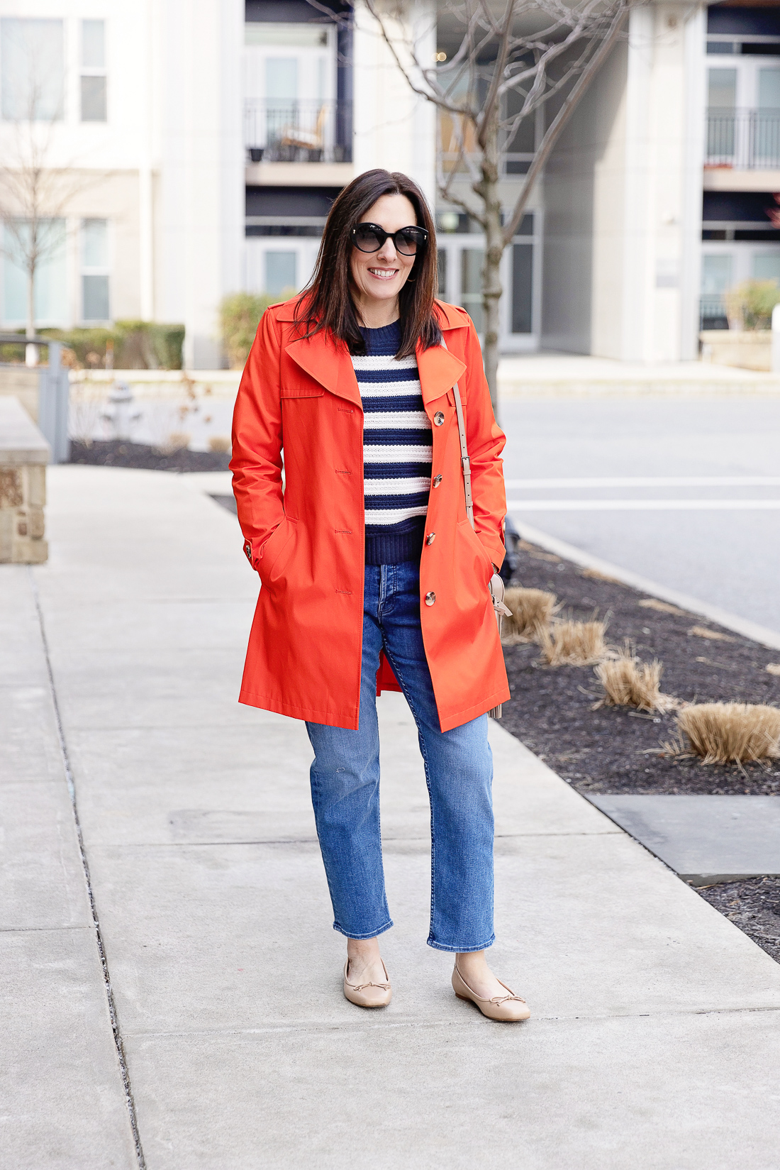 Spring Outfit Formula: Navy Stripes + Orange Poppy