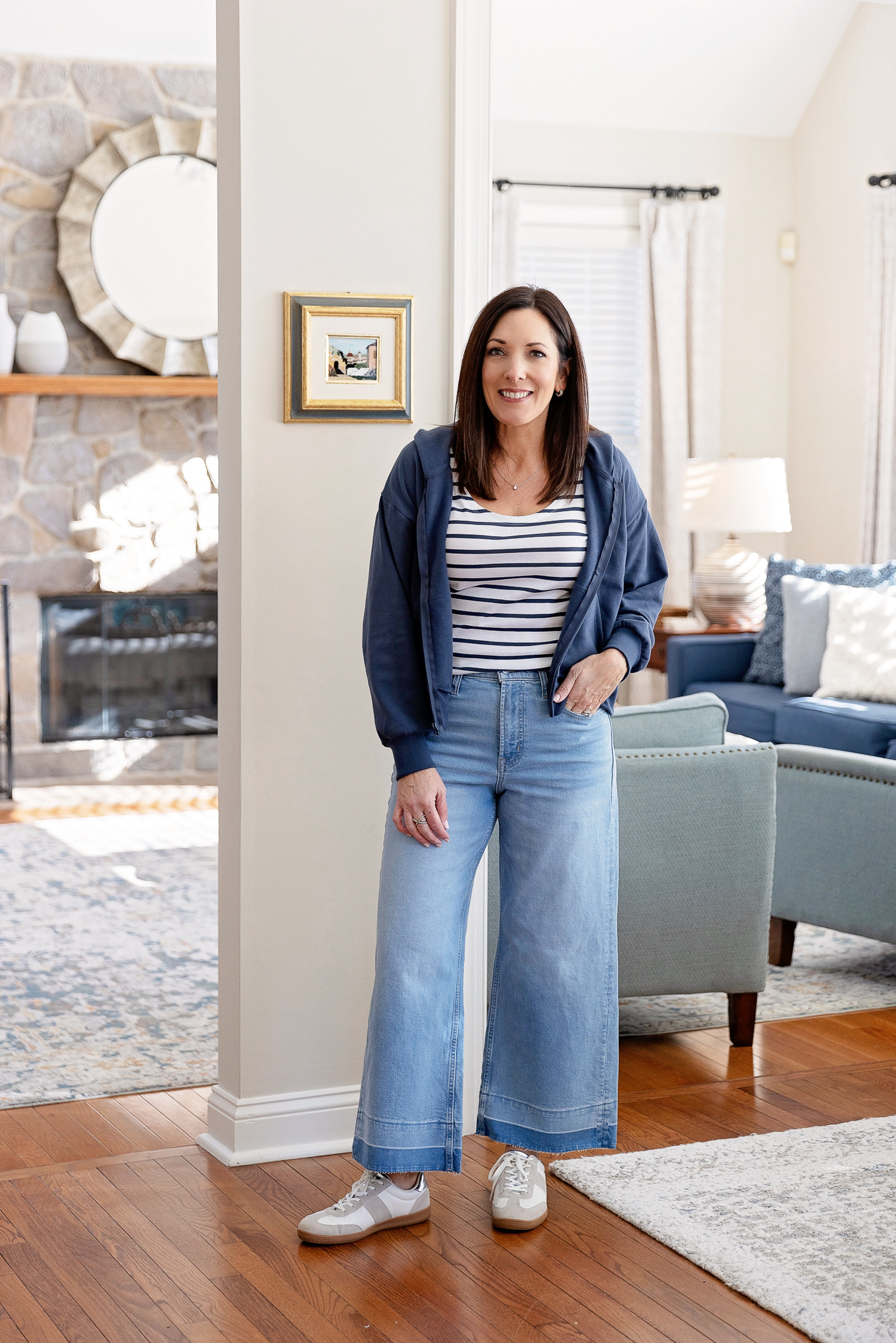 Jo-Lynne Shane wearing Gap Factory Wide Leg Crop Jeans with Relaxed Hoodie and Striped Ballet Back Top