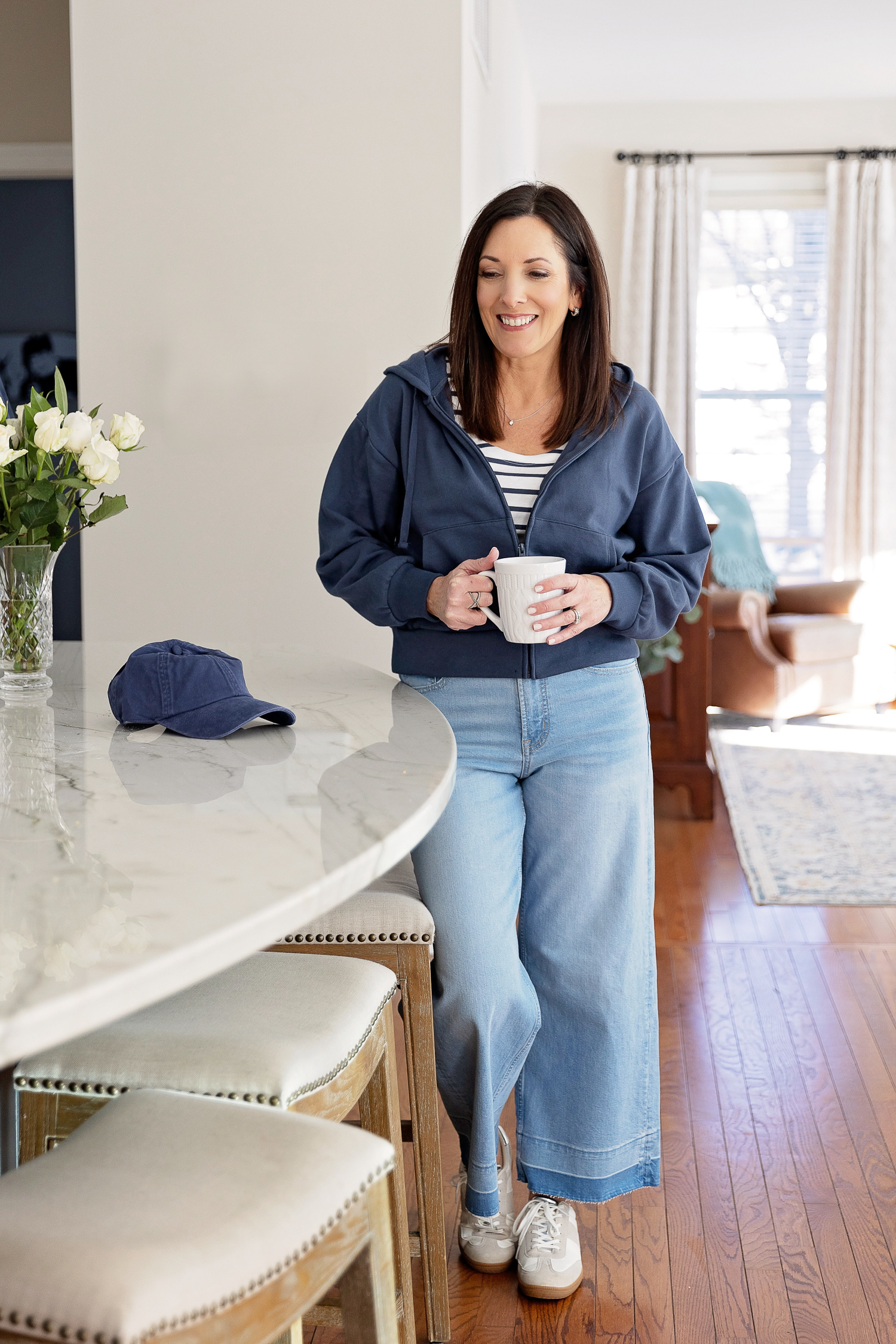 Jo-Lynne Shane wearing Gap Factory Wide Leg Crop Jeans with Relaxed Hoodie and Striped Ballet Back Top