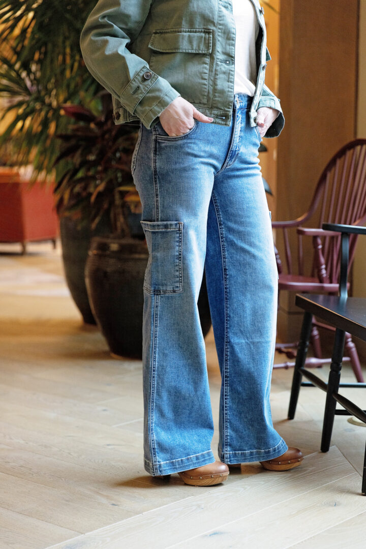 spring 2024 fashion trend: wide leg utility jeans with clogs