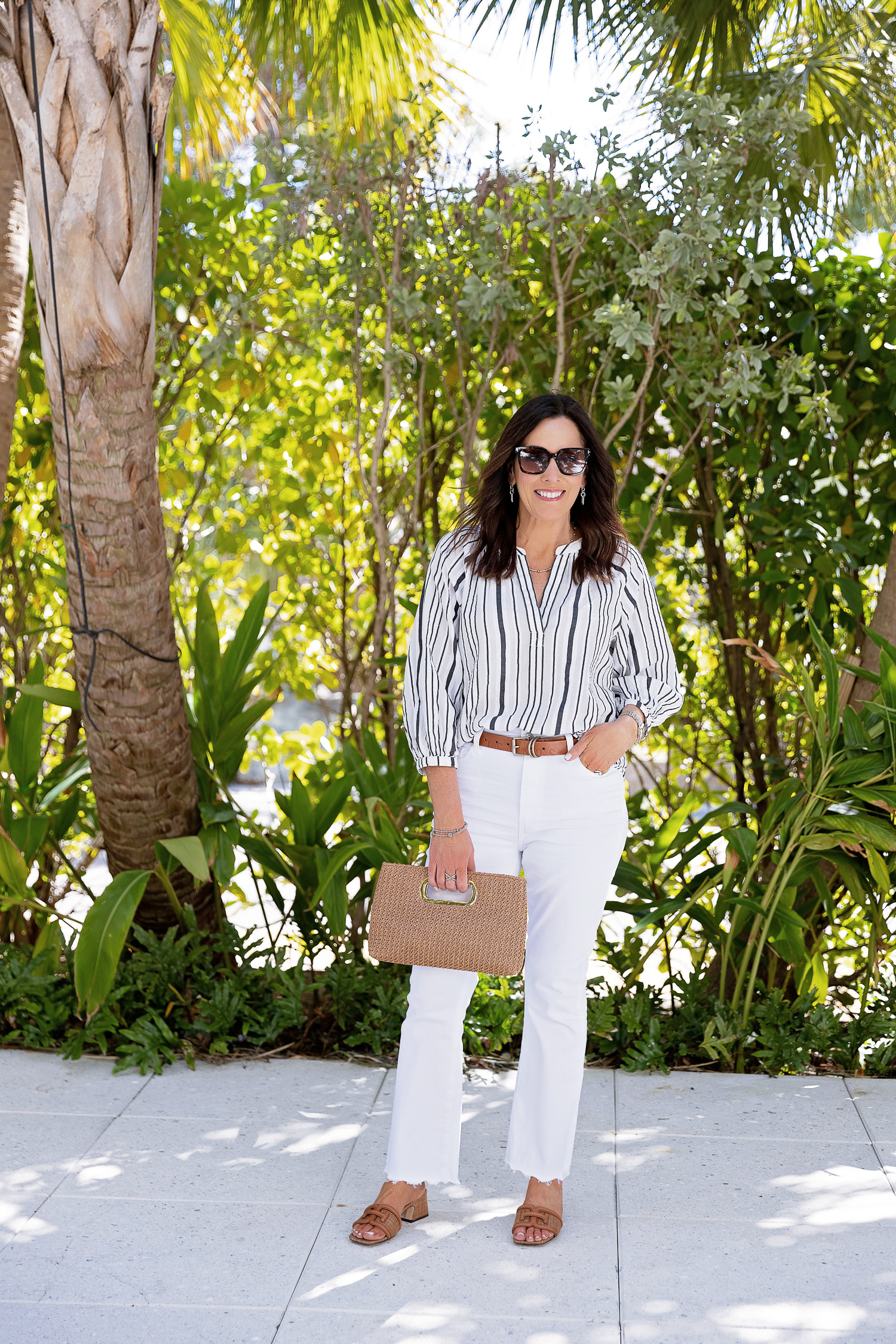 striped popover top with white jeans for spring 2024
