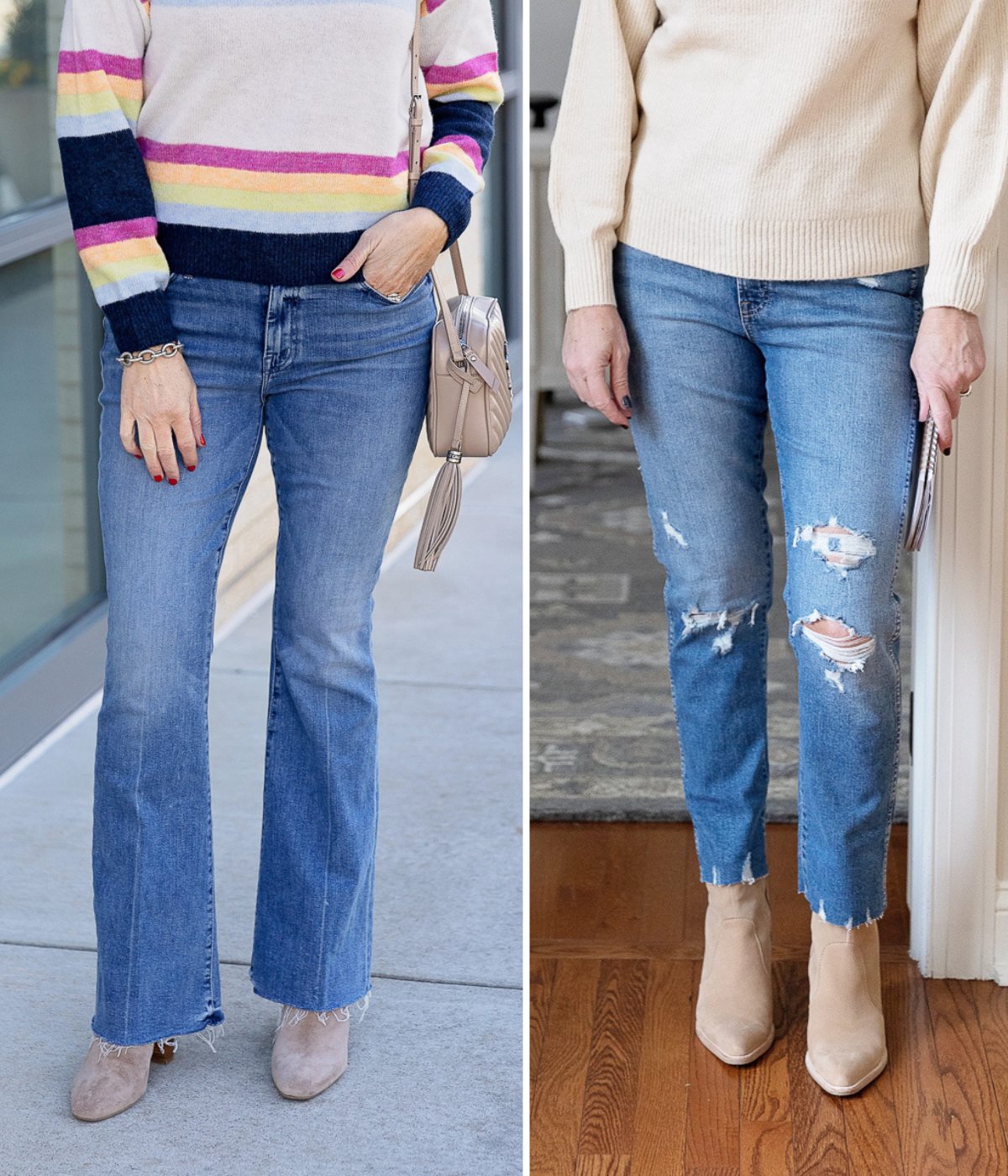 Denim Mistakes Women Make: Wearing too much embellishment or too much distressing/whiskering.