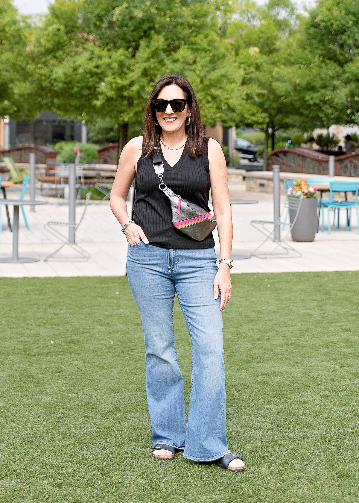 black tank with blue jeans outfit